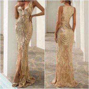 V-neck high slit thigh formal party sequin dress wedding eveningGold